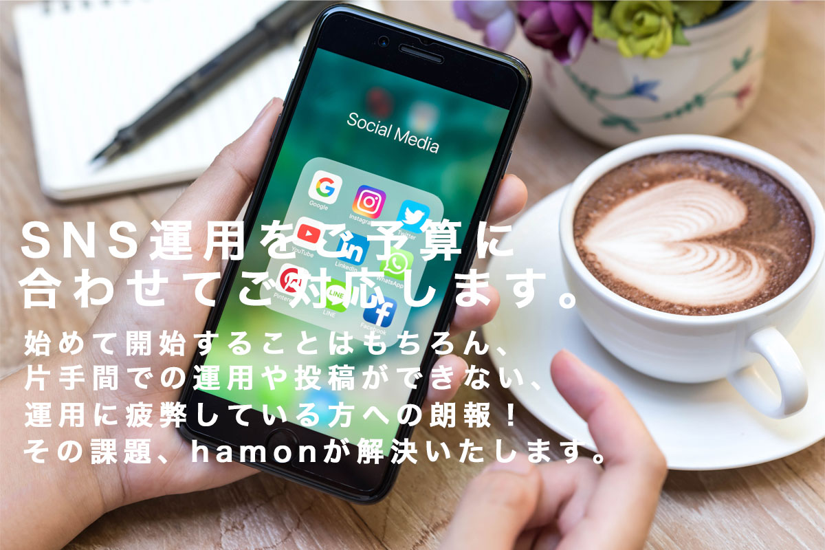 SNS運用をご予算に合わせてご対応します。始めて開始することはもちろん、片手間での運用や投稿ができない運用に疲弊している方への朗報!その課題、hamonが解決いたします。